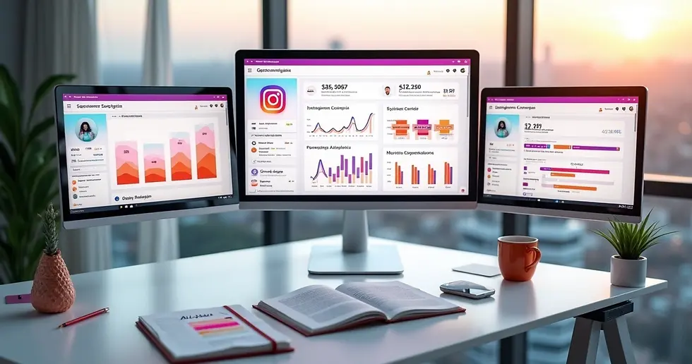 Profissional analisando campanha de Instagram em painel com métricas e anúncios 