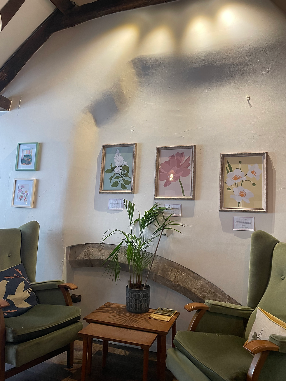 Eye-level view of a beautifully decorated café with my wildflower prints on display