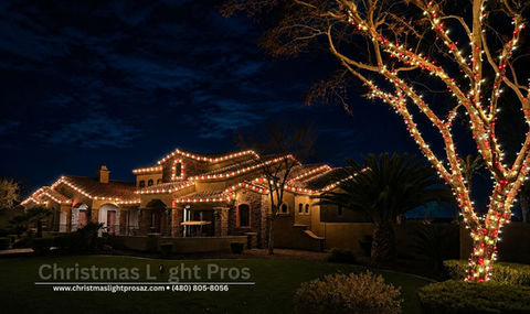 Red and warm white Christmas light installation in Paradise Valley with the estate roofline outlined and a mature tree wrapped into the canopy by Christmas Light Pros.