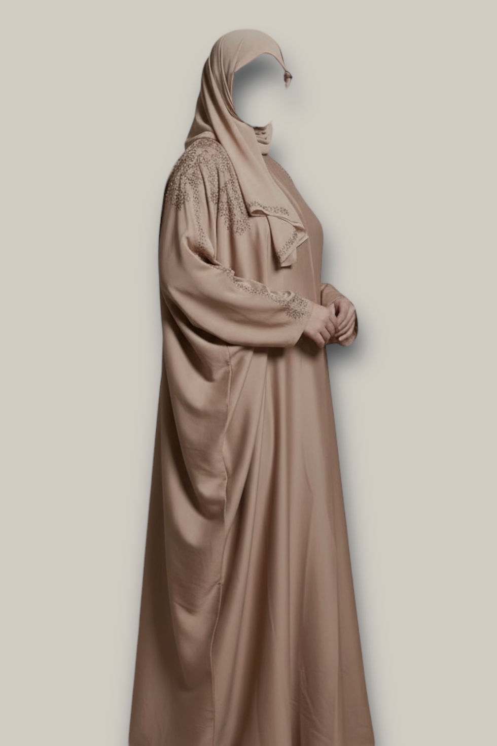 Thumbnail: Warm Taupe Butterfly-Cut Closed Abaya