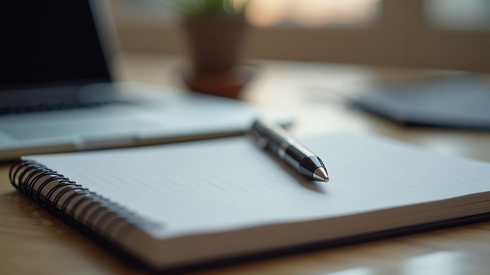 Close-up view of a notebook and pen on a desk beside a laptop