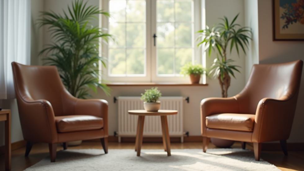Eye-level view of a cozy counseling office with comfortable chairs and soft lighting