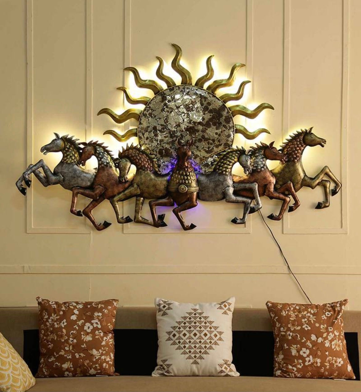 GLORIOUS RUNNING METAL SEVEN HORSES WITH LED LIGHTING