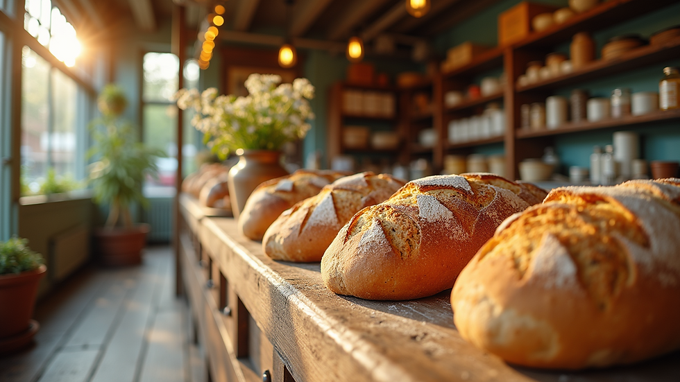 Wide angle view of a cozy local bakery with fresh bread on display