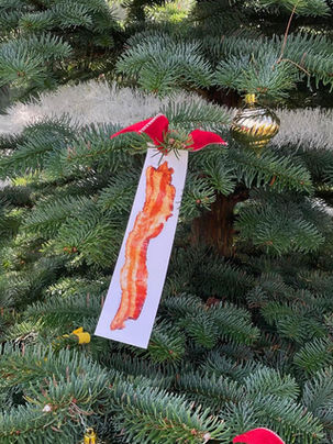 Close-up of ornaments on a Fraser fir branch