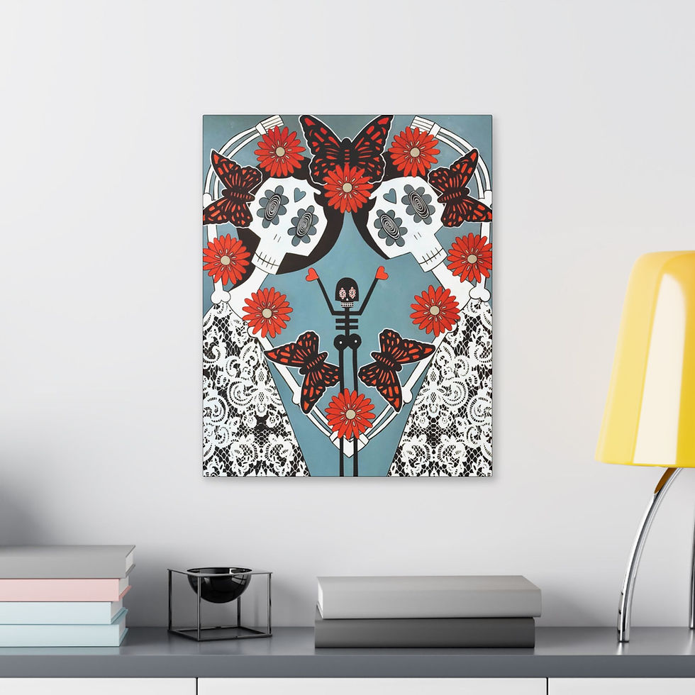 Thumbnail: Skeleton And Sugar Skull Daisy Wall Art Folk  By Artist Danielle Charette 