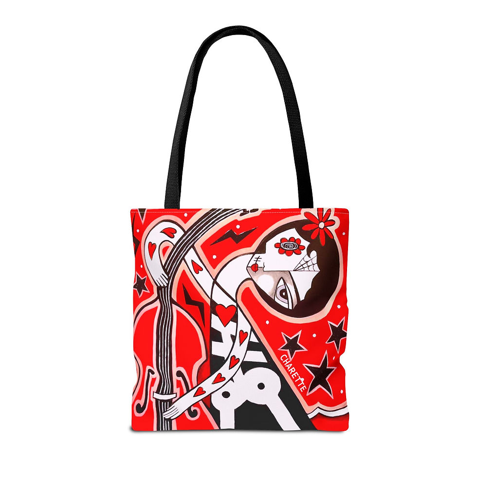 Thumbnail: Eclectic Skeleton Outsider Folk Art Sugar Skull Guitar Tote By Danielle Charette