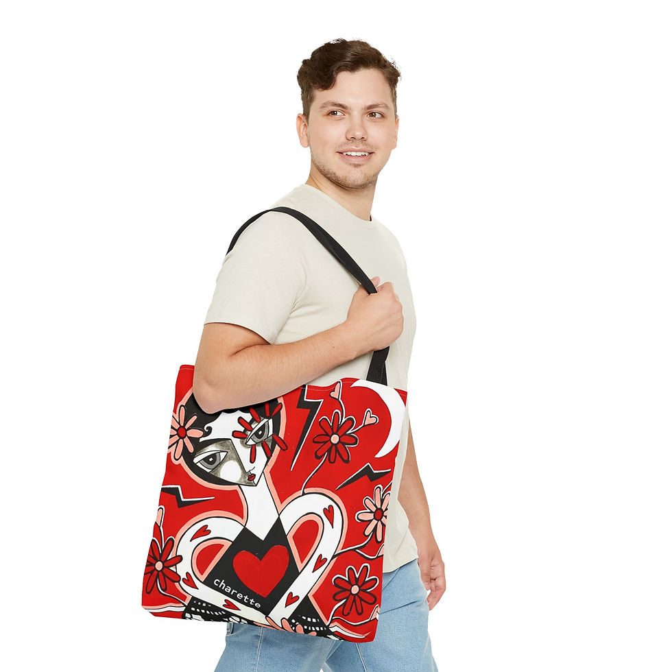 Thumbnail: Folk Art Tote Bag Flower Lightening Bolt Heart By Artist Danielle Charette 