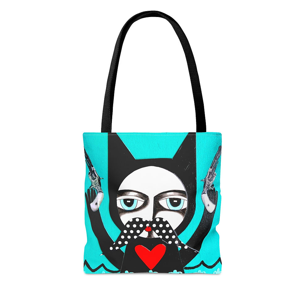 Thumbnail: Fun Cat Kitten Polka Dot Heart Moustache Gun Tote Bag By Danielle Charette Art