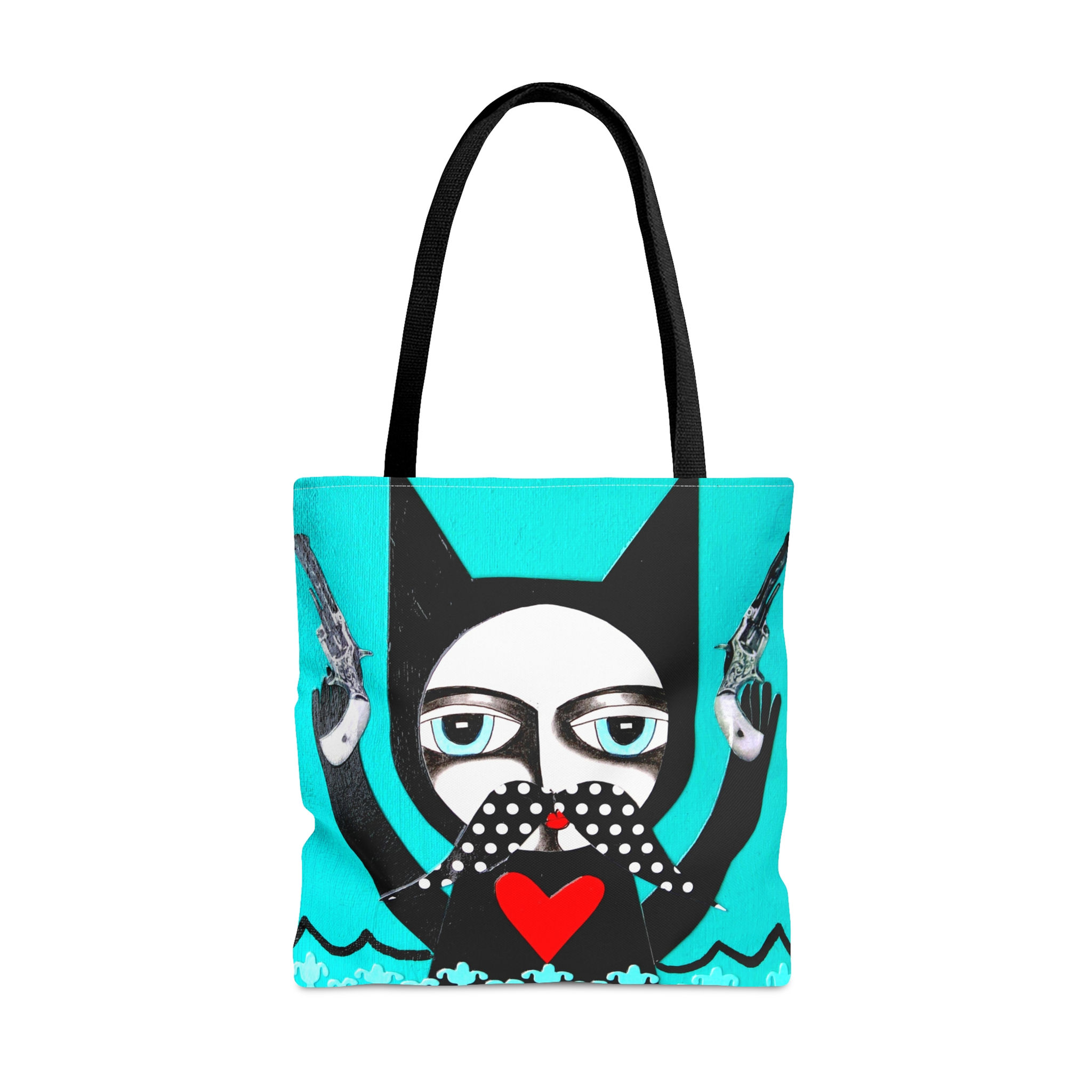 Fun Cat Kitten Polka Dot Heart Moustache Gun Tote Bag By Danielle Charette Art