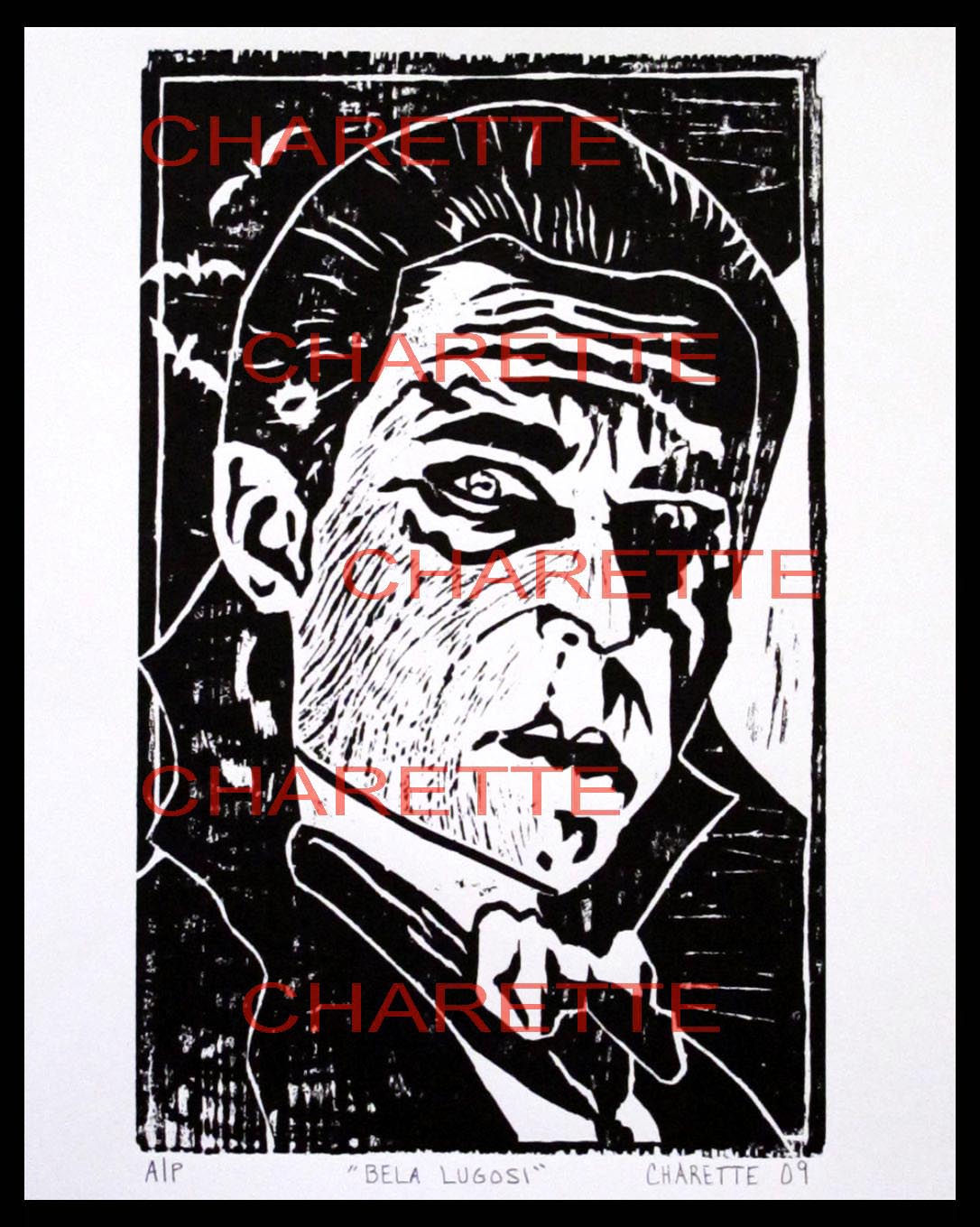 Buy original fine art woodcut prints of Bela Lugosi, vintage horror movie star by nyc contemporary artist danielle charette