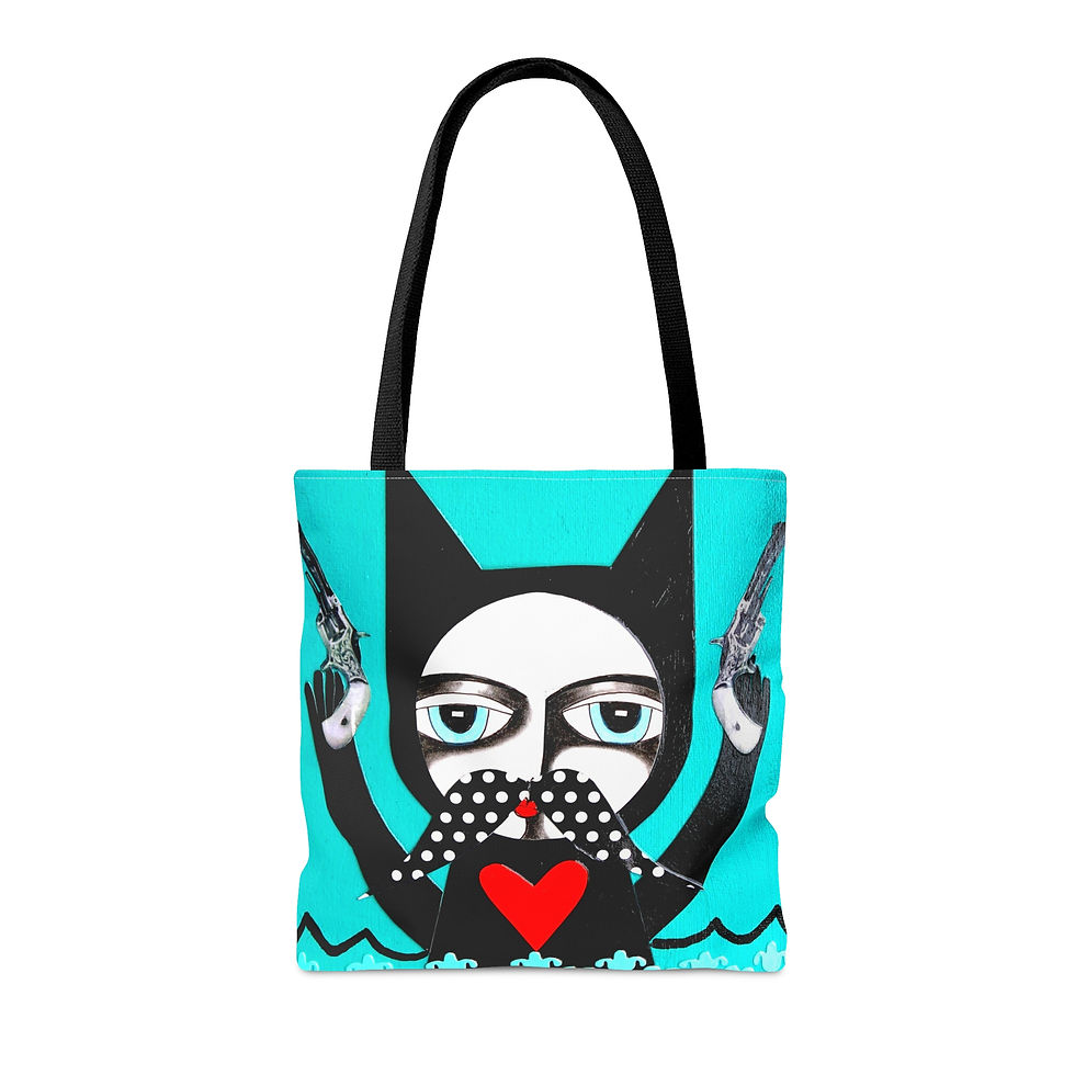 Thumbnail: Fun Cat Kitten Polka Dot Heart Moustache Gun Tote Bag By Danielle Charette Art
