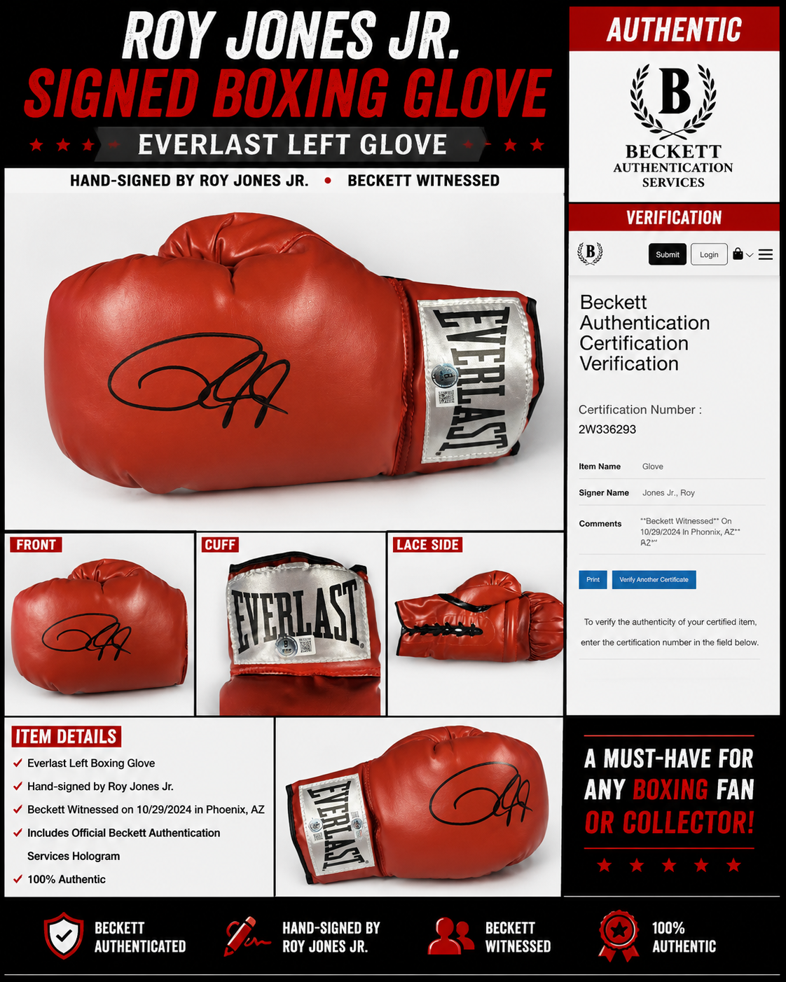 Roy Jones Jr Signed Everlast Boxing Glove Beckett Witnessed Auto