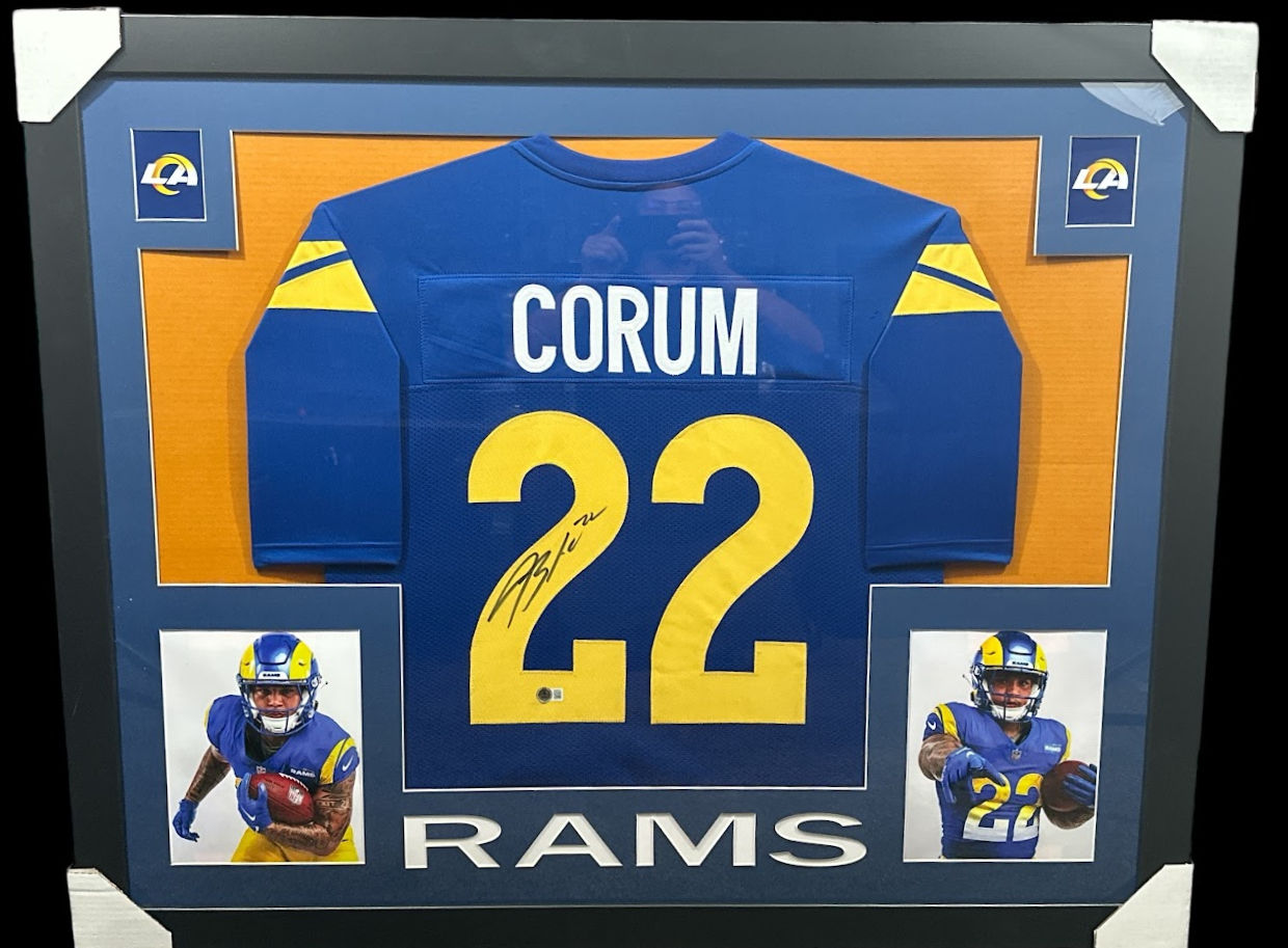 Blake Corum signed framed custom Los Angeles Rams jersey display Beckett 35x43 Front