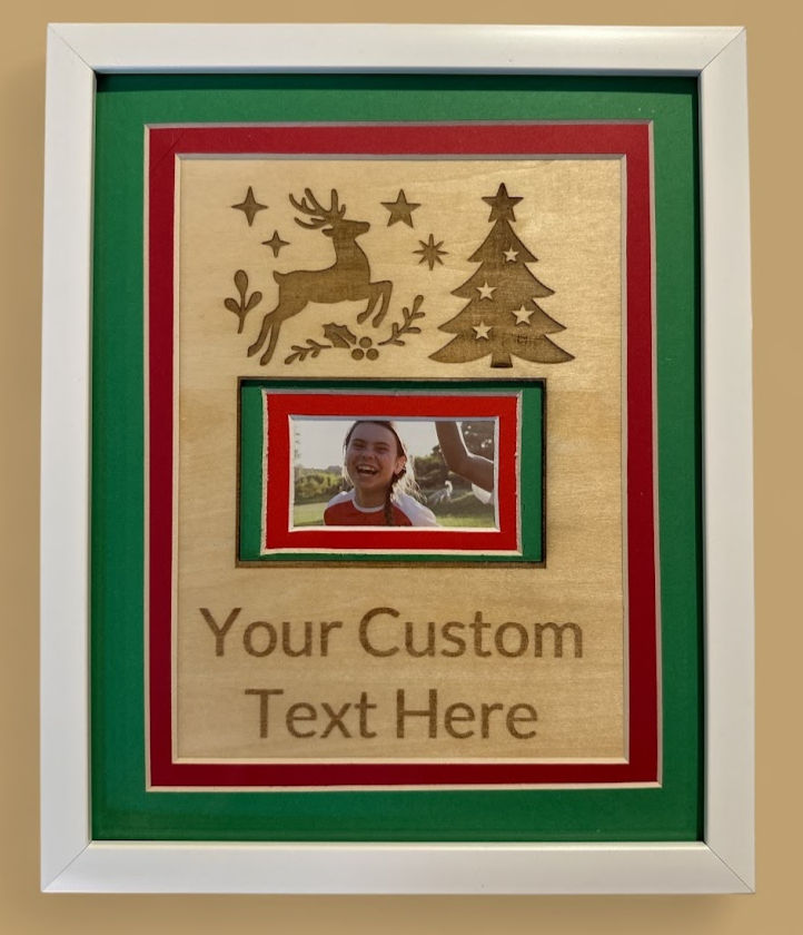 Personalized Christmas photo frame with custom engraved reindeer and tree design