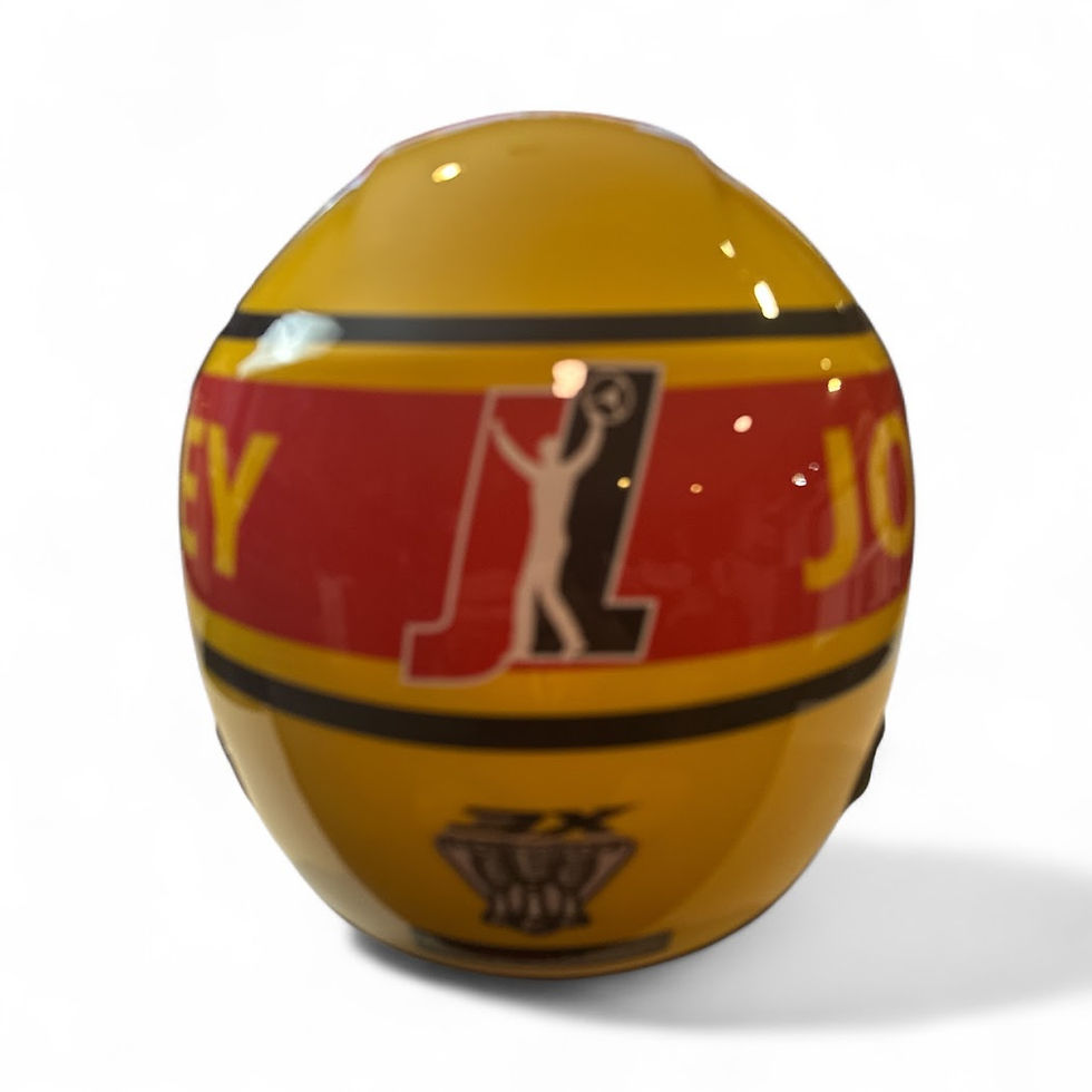 Thumbnail: Top and rear angle of Joey Logano signed Pennzoil NASCAR full-size replica helmet showing 3X Champion design