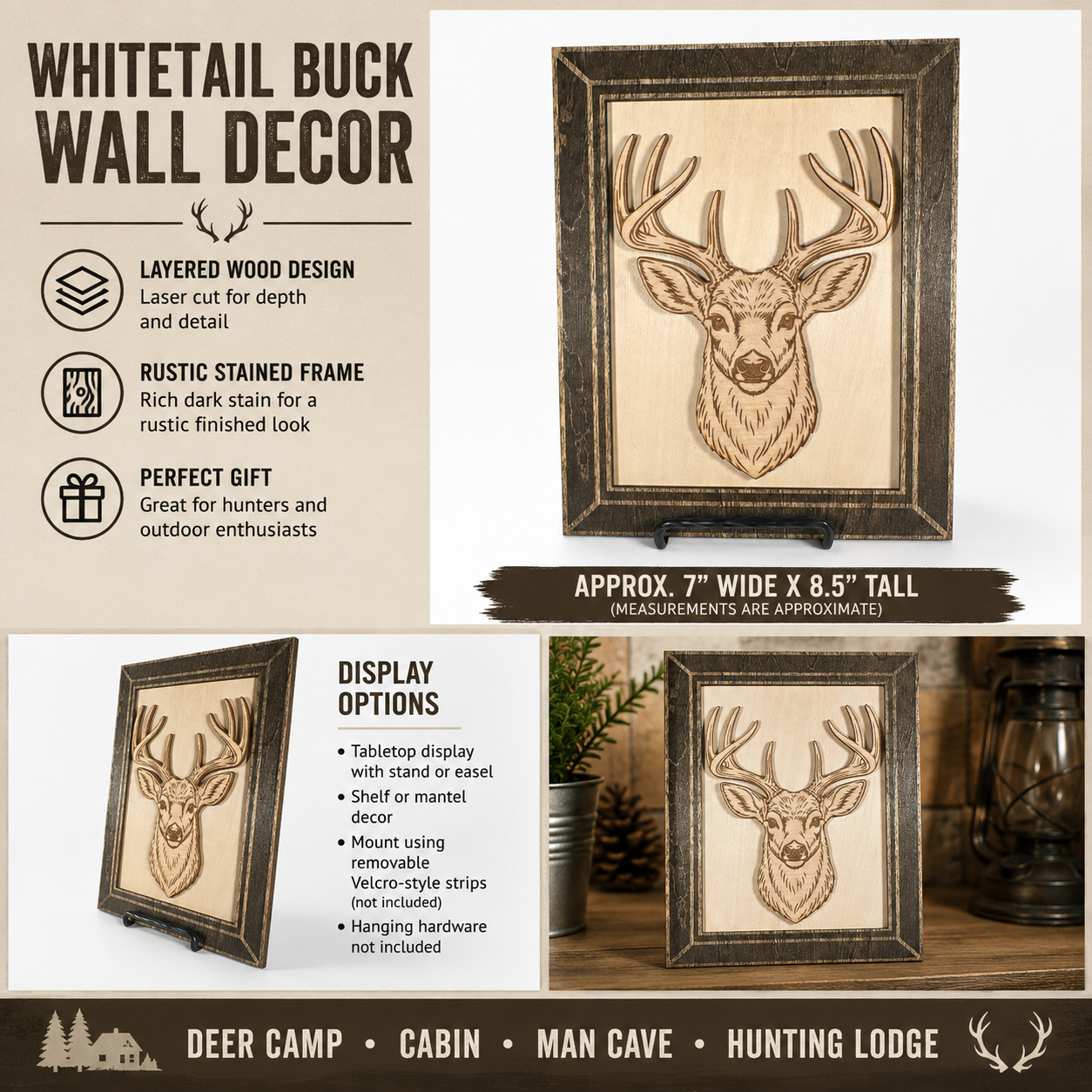 Framed Whitetail Buck Wood Wall Decor for Deer Camp Cabin Man Cave Displaye