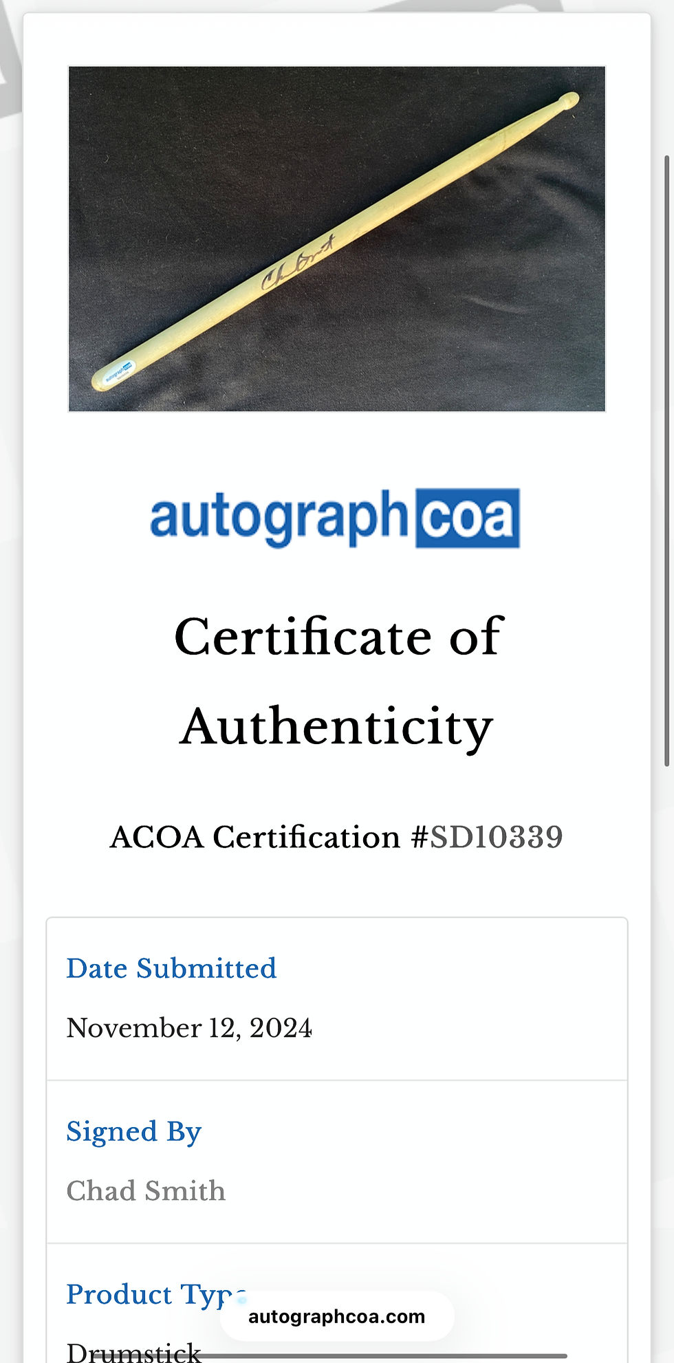 Thumbnail: Chad Smith Signed Red Hot Chili Peppers Drumstick ACOA