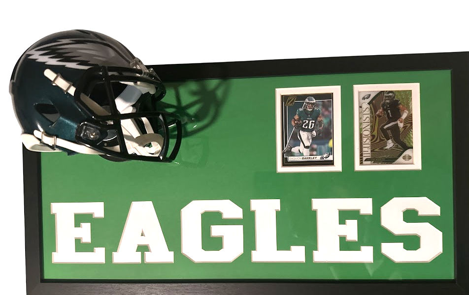 Thumbnail: Philadelphia Eagles 3D Mini Helmet Display | Hurts & Barkley | 10x20 Framed