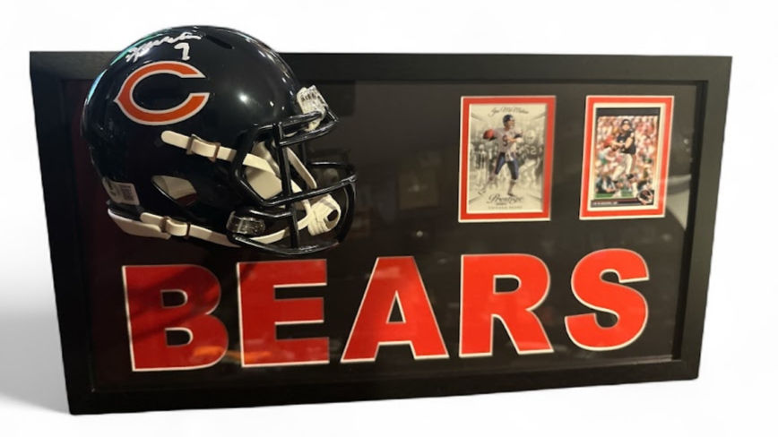 Jim McMahon signed Chicago Bears mini helmet in 10x20 framed display, Beckett authenticated
