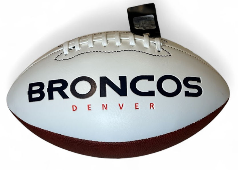 Thumbnail: Signed RJ Harvey Broncos football displayed for NFL memorabilia collectors