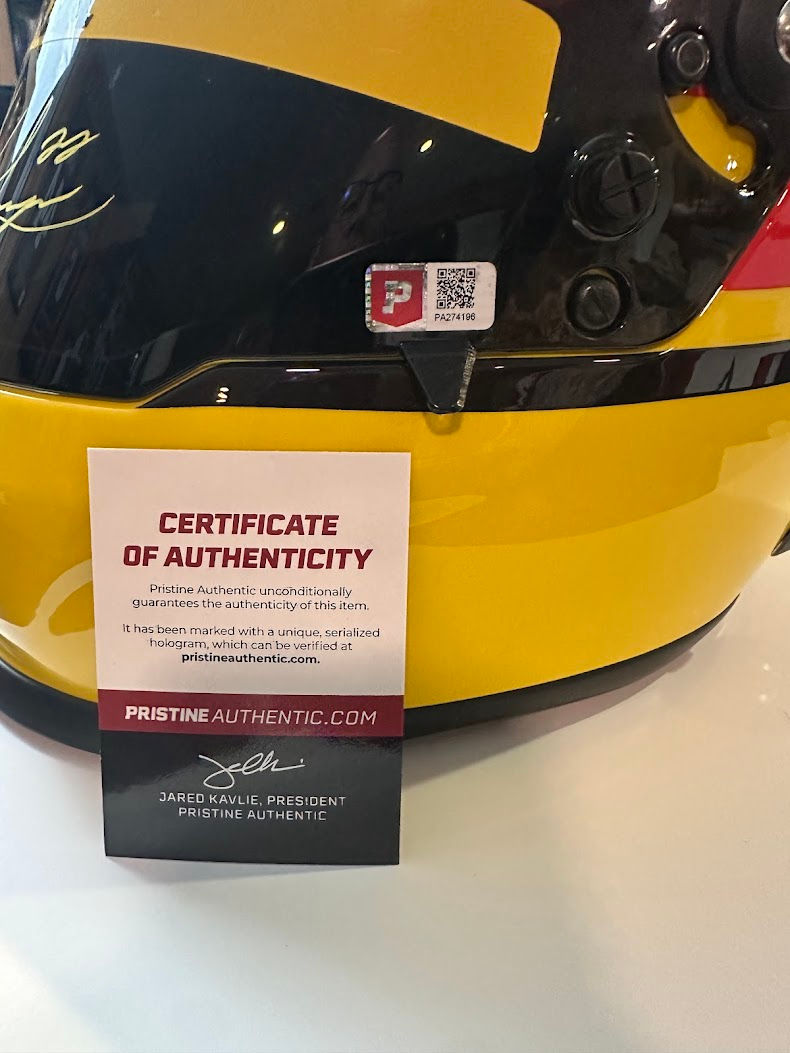 Thumbnail: Players Ink Authentication sticker verifying Joey Logano signed Pennzoil NASCAR full-size helmet
