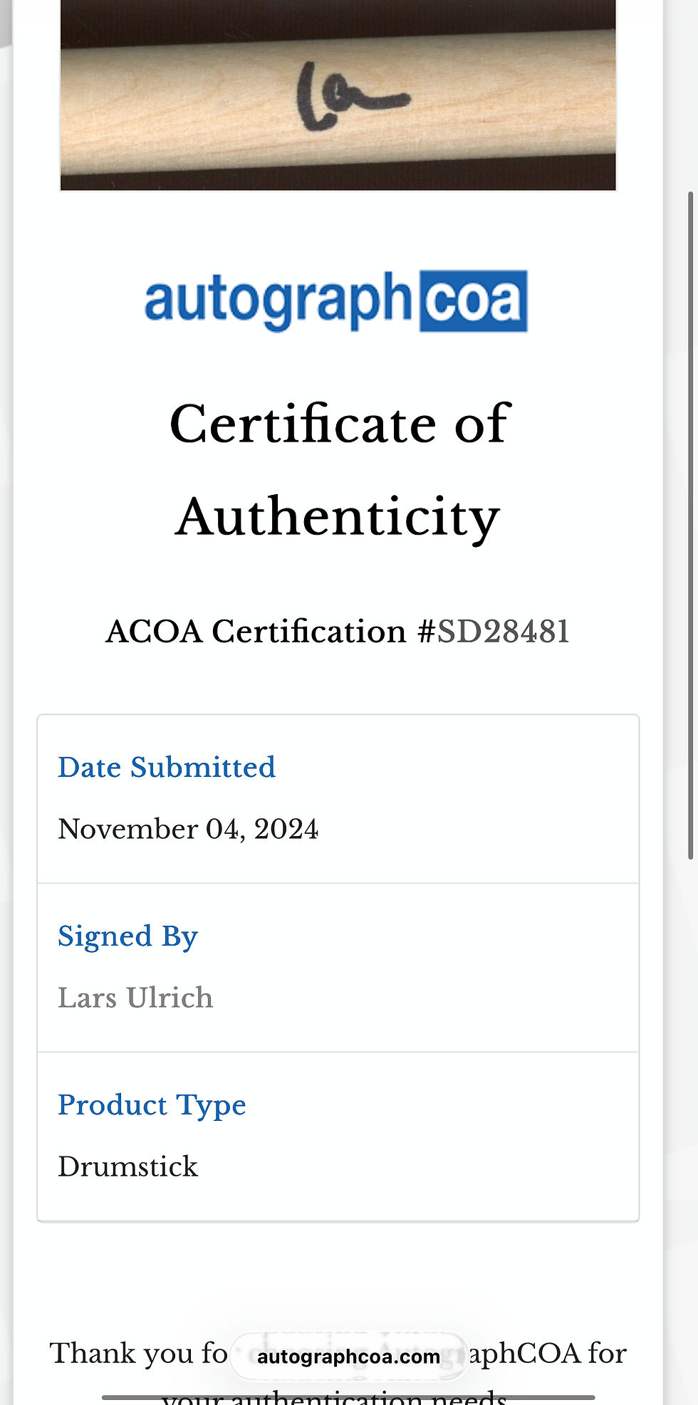 Thumbnail: Lars Ulrich Signed Metallica Drumstick ACOA