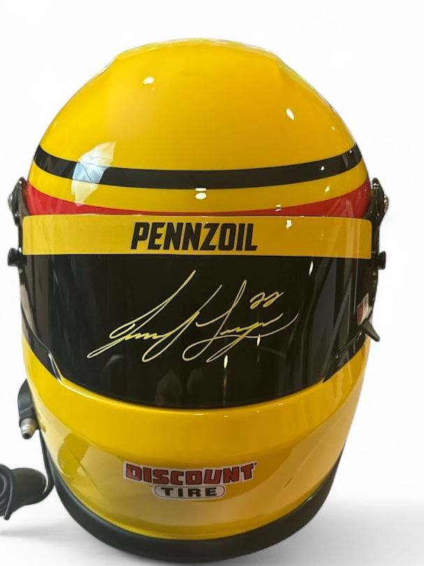 Close-up of Joey Logano autograph on Pennzoil NASCAR full-size replica helmet Players Ink Authentication verified