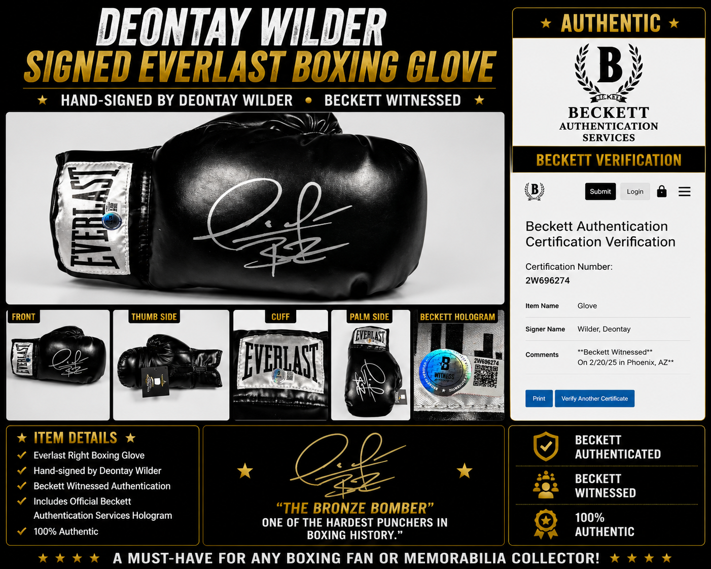 Deontay Wilder Signed Everlast Boxing Glove Beckett Witnessed