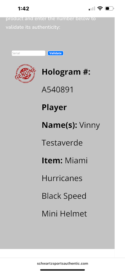 Thumbnail: Vinny Testaverde Signed Miami Hurricanes Speed Mini Helmet (Schwartz)