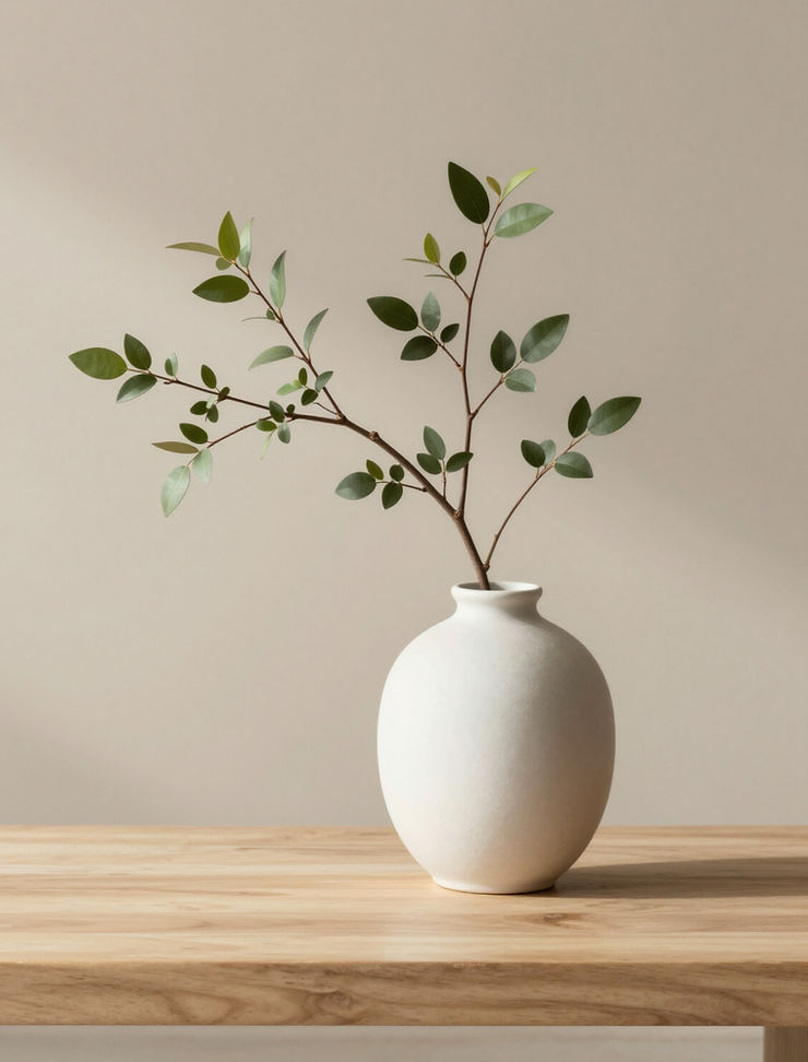 White vase with a fresh green leafy branch