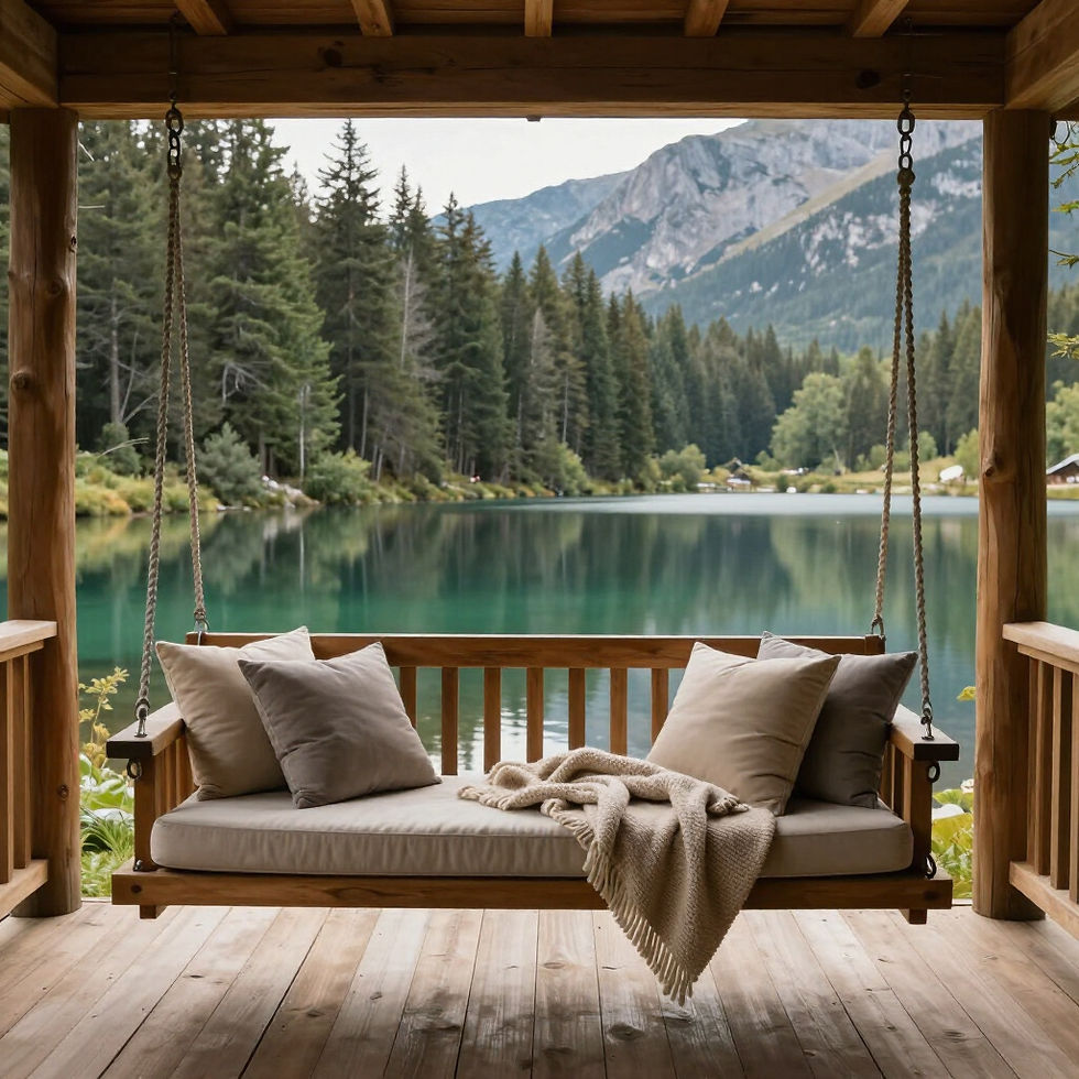 Wooden porch swing overlooking a serene lake and mountains