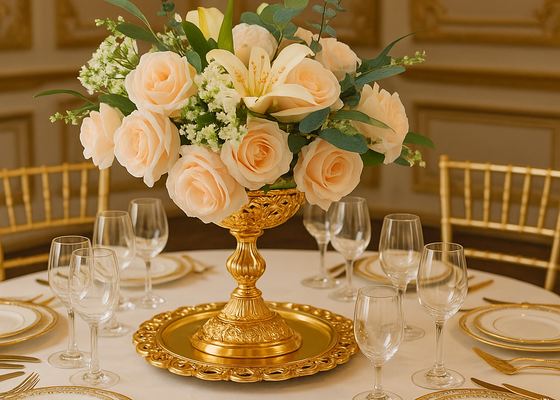 Centro de mesa Delia Bellezza de Casa Sierra Barozzi montado en mesa de evento, con diseño barroco floral.