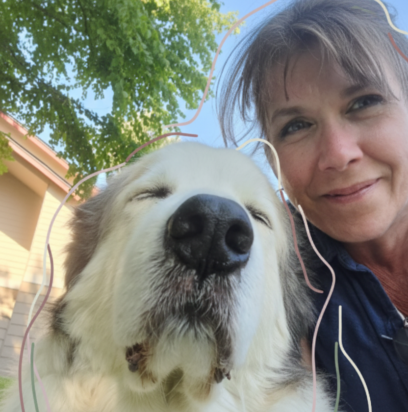 Smiling woman with content fluffy white dog