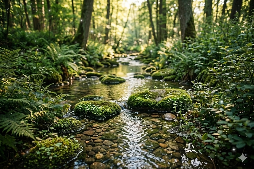 Sunlit stream with mossy rocks in a green forest