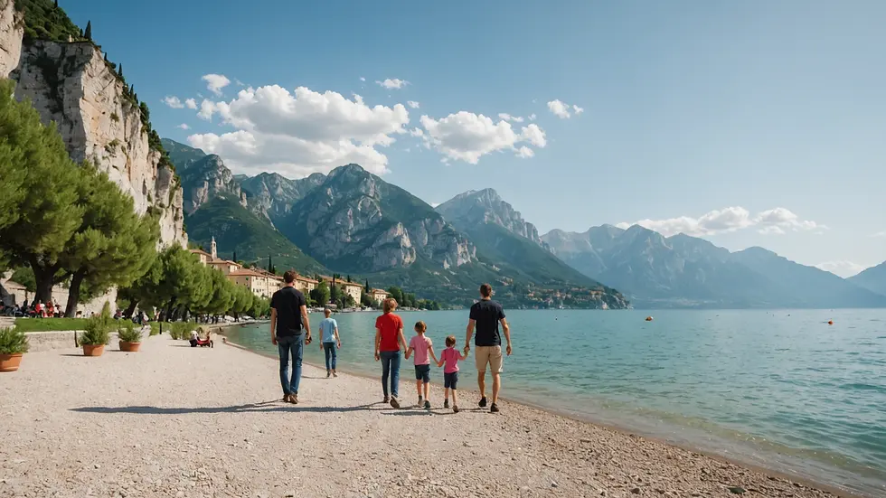 Eye-level view of a family exploring Lake Garda's shoreline