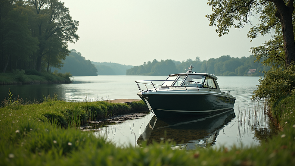 Wide angle view of a hire boat docked on a grassy bank