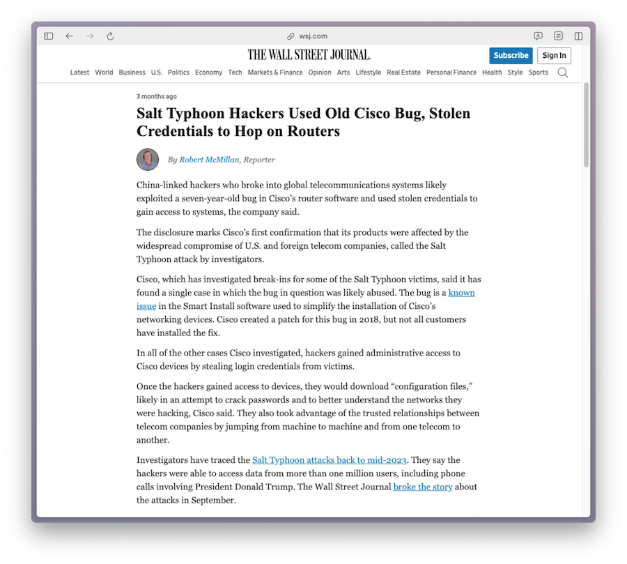 Capture d'écran d'un article de la série du Wall Street Journal sur les attaques Typhoon