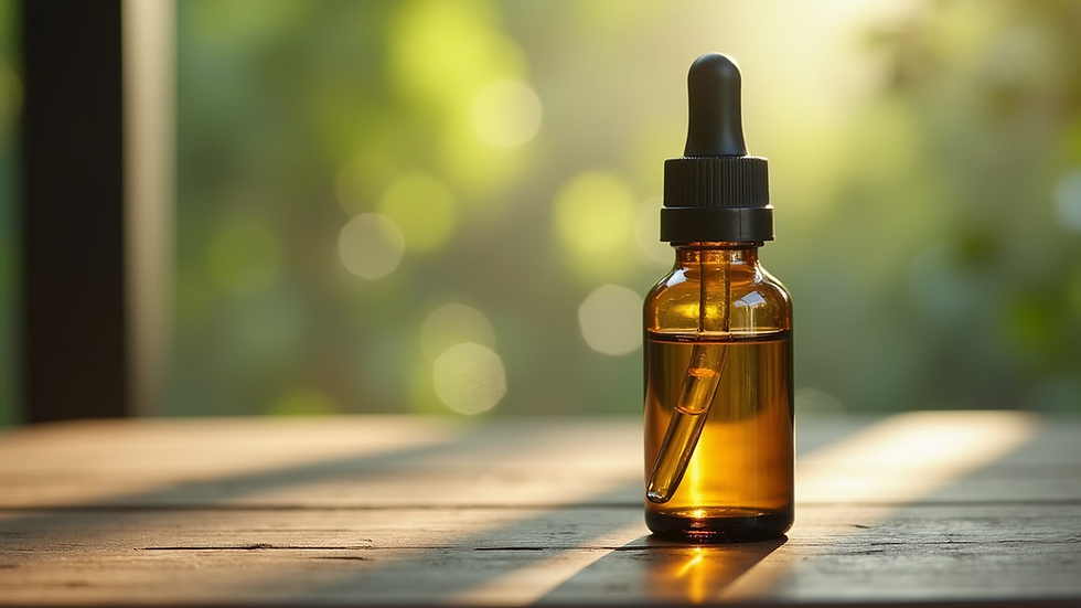 Close-up view of hemp oil bottle with dropper on wooden table