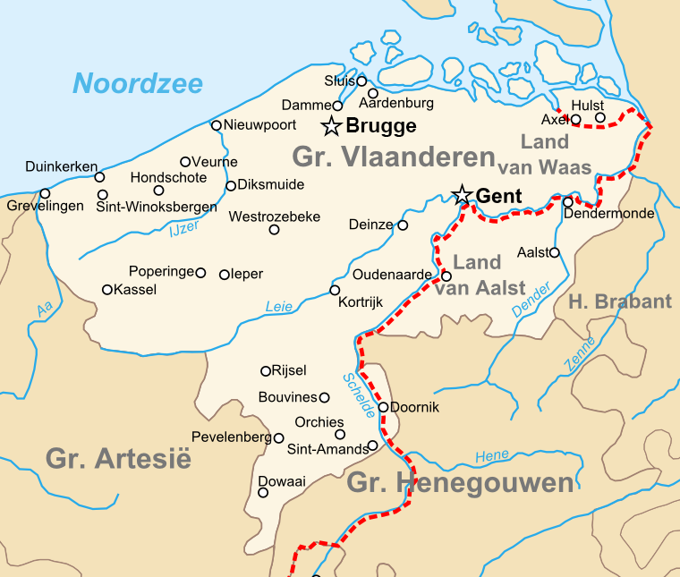 Here's a close-up of medieval Flanders. Due to the language differences, it's harder to tell Bruges (Brugge), Ghent (Gent), Ypres (Ieper), and Courtrai (Kortrijk), the site of the Battle of Courtrai.