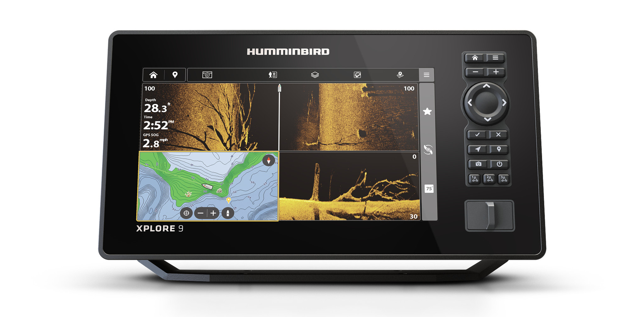 Humminbird XPLORE 9, l’échosondeur au cœur de notre installation. Son écran tactile de 9 pouces offre une lecture claire et détaillée des informations et, associé à la technologie MEGA Live, devient un véritable outil de prospection pour localiser les carpes, analyser les structures et affiner avec précision le placement des montages.