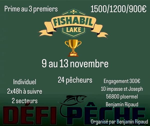 Affiche du Défi Pêche au Fishabil Lake, compétition carpe individuelle organisée à Ploërmel avec 24 pêcheurs, deux secteurs et des primes pour les trois premiers.