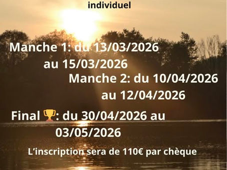 Affiche du Challenge individuel carpe 2026, avec deux manches qualificatives en mars et avril, et une finale du 30 avril au 3 mai 2026.