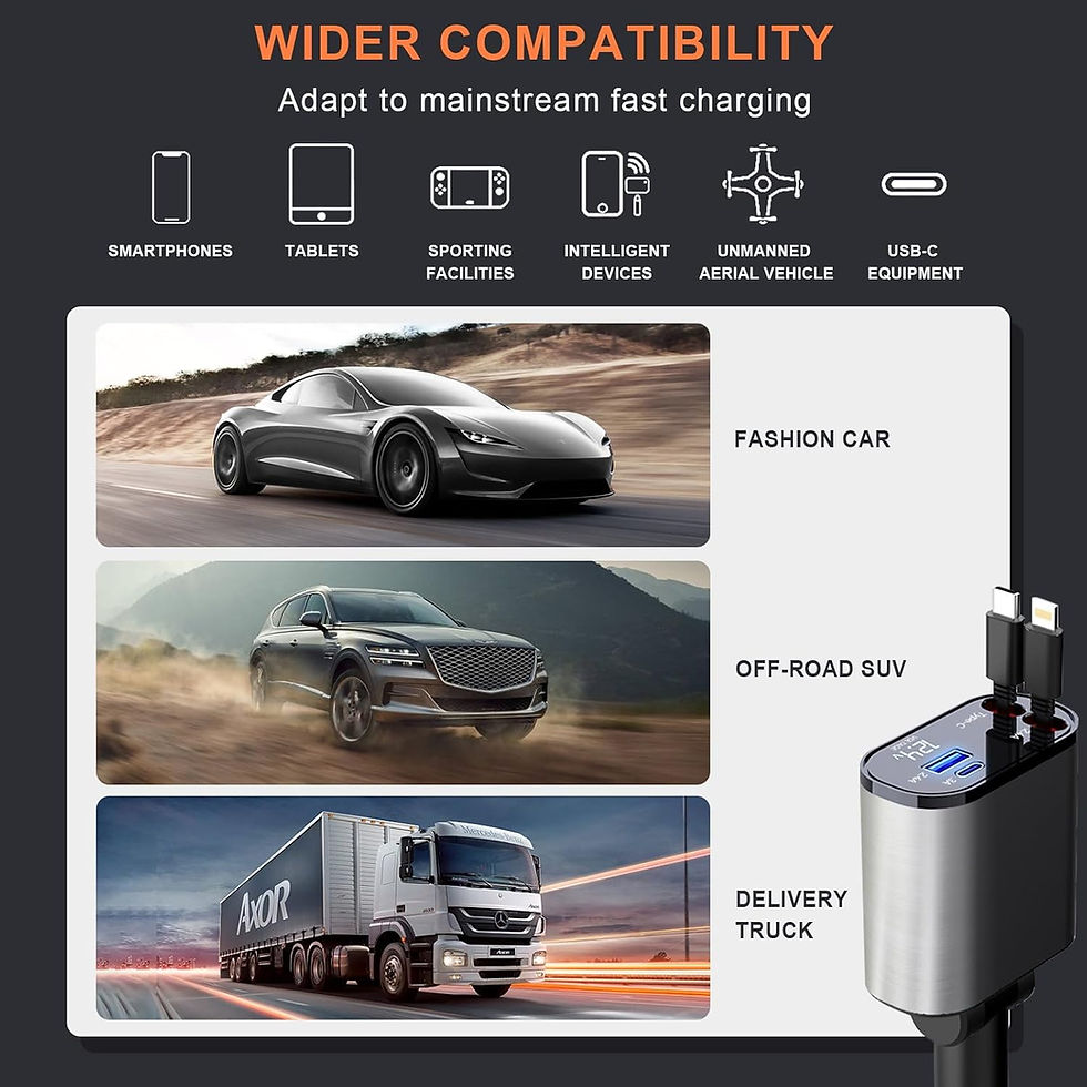 Thumbnail: 120W 4 in 1 Retractable Car Charger, Super-Fast Charger USB C and Lightning