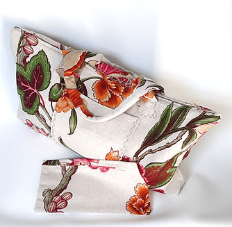 Sac, allongé, fantaisie, fleuri, lin, broderies écrues, petites anses 15 cm, large 48 cm x