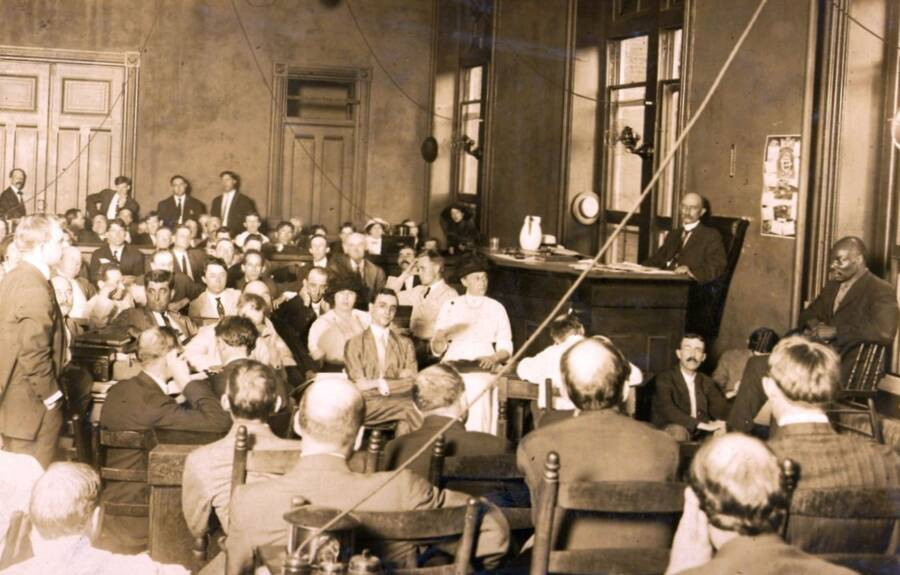 A photo taken during the trial of Leo Frank