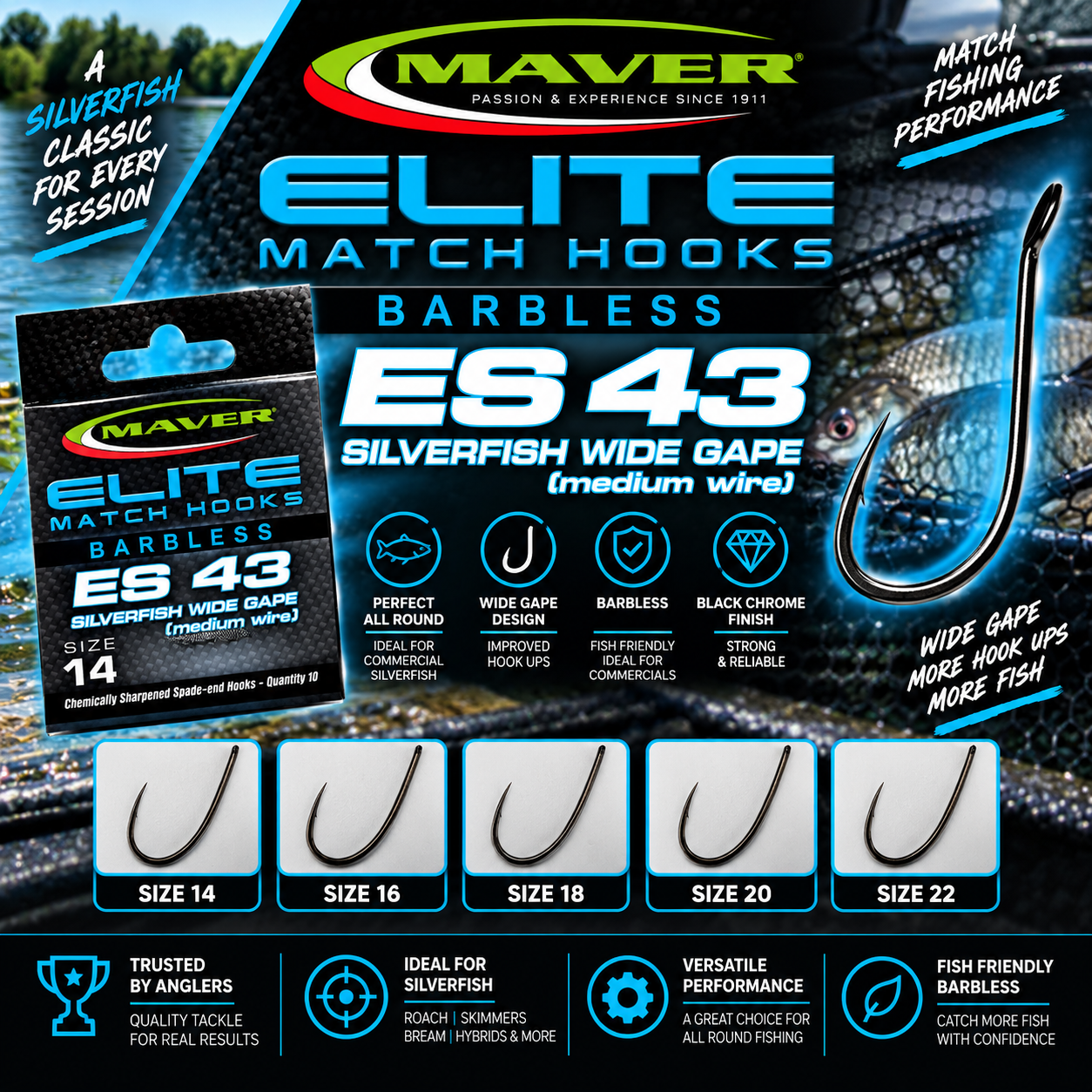 Maver Elite Hook Series ES43 Silverfish Wide Gape (Medium Wire) Barbless