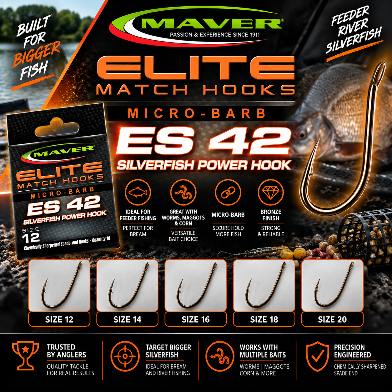 Maver Elite Hook Series ES42 Silverfish Power Hooks Micro Barbed