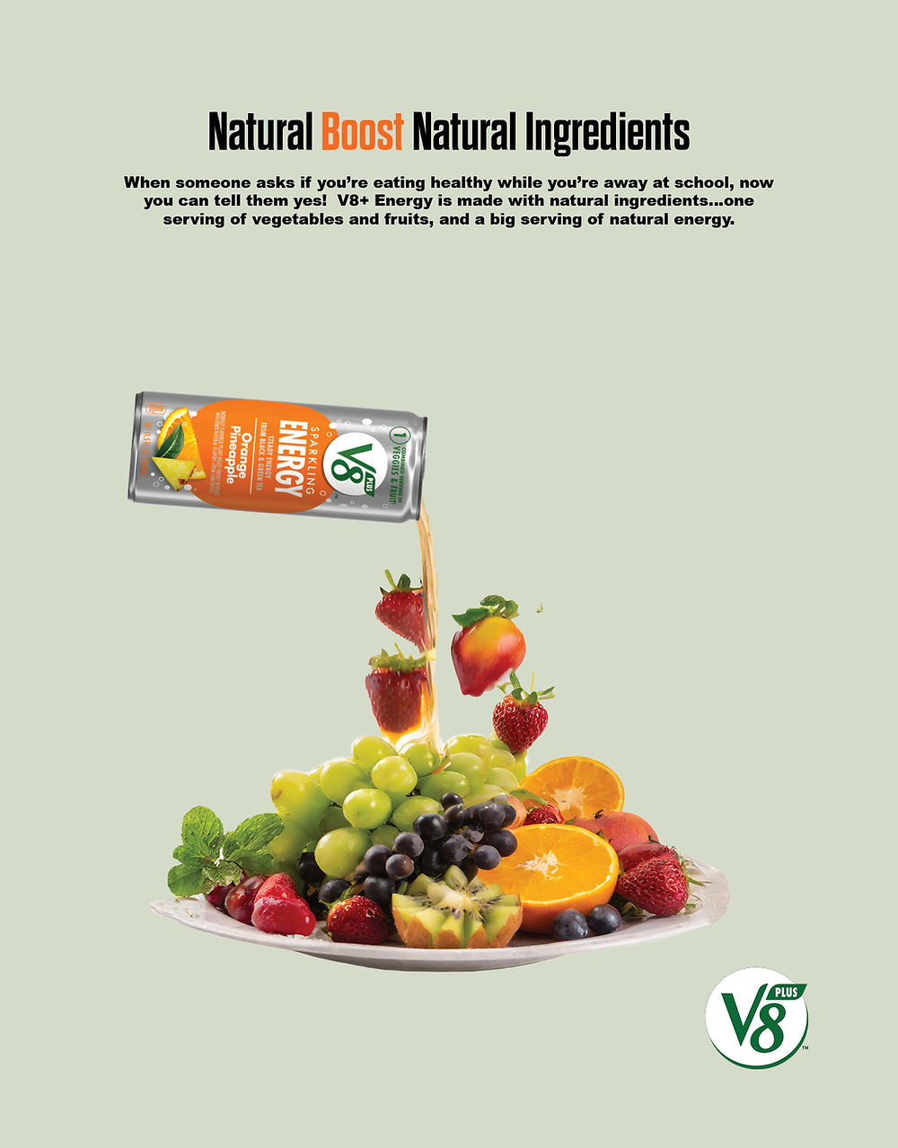 V8 V-Fusion can pouring juice onto fruit and vegetable plate, with text "Natural Boost Natural Ingredients"