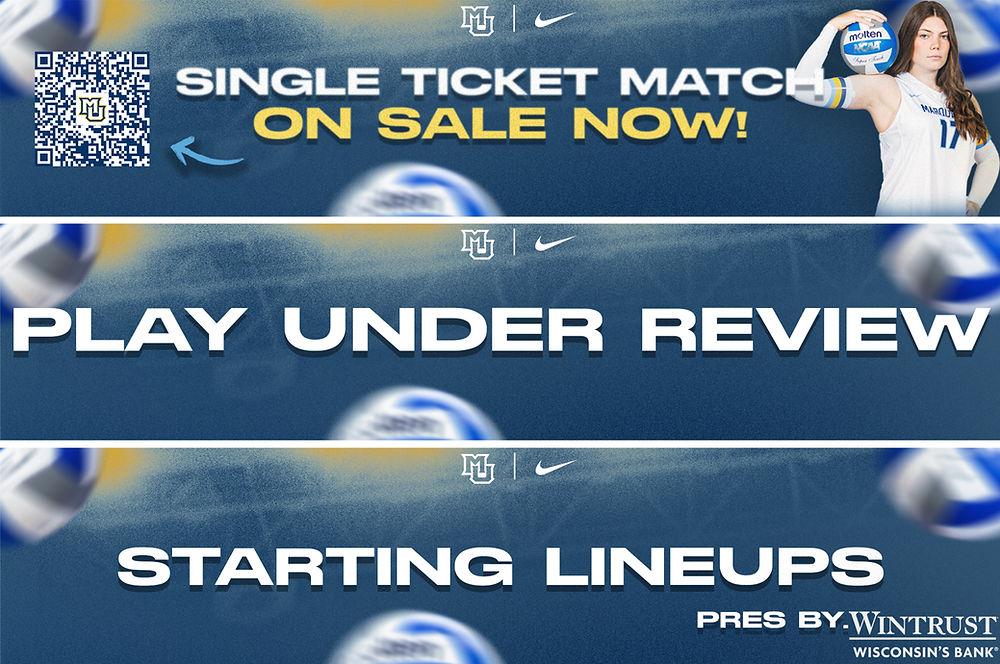 Volleyball player, 'Single Ticket Match On Sale Now!'. 'Play Under Review', 'Starting Lineups' text